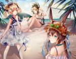  3girls :d amiya_(arknights) animal_ears aqua_eyes arknights arm_strap bangs bare_arms bare_shoulders beach bear_ears bikini blonde_hair blue_choker blue_ribbon blue_sailor_collar brown_hair candy_hair_ornament chinese_commentary choker commentary_request dress ears_through_headwear eyebrows_visible_through_hair feet_out_of_frame flower food_themed_hair_ornament from_behind goggles goggles_on_headwear gummy_(arknights) hair_between_eyes hair_ornament hairclip hand_up hat hat_flower hat_ribbon highres holding ifrit_(arknights) long_hair looking_at_viewer looking_back low_ponytail mini_hat multiple_girls ocean off-shoulder_shirt off_shoulder open_mouth orange_eyes ore_lesion_(arknights) parted_lips pink_shirt puffy_sleeves puruii rabbit_ears red_flower ribbon sailor_collar sailor_dress sand_sculpture shirt short_dress short_hair sleeveless sleeveless_dress smile standing sun_hat swimsuit tail thighs twintails upper_body water white_bikini white_dress 