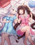  2girls :d absurdres animal_ear_fluff animal_ears bangs bed_sheet blue_bow blue_dress blue_eyes blue_flower blue_rose blunt_bangs blush bow breasts brown_eyes brown_hair cat_ears cat_girl cat_tail chocola_(nekopara) collarbone commentary_request dress eye_contact eyebrows_visible_through_hair feet_out_of_frame flower frilled_dress frilled_pillow frills hair_bow hand_up hands_up heart heart_pillow highres holding_hands huge_filesize interlocked_fingers knee_up looking_at_another lying multiple_girls nekopara on_back open_mouth pillow pink_bow pink_dress prehensile_tail rose seoki_(hi3031) short_sleeves silver_hair small_breasts smile tail vanilla_(nekopara) white_bow 
