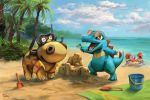  beach blue_sky bucket claws clouds cloudy_sky commentary day english_commentary gen_1_pokemon gen_2_pokemon gen_4_pokemon hippopotas krabby ocean outdoors pine_tree pokemon sand sand_castle sand_sculpture signature sky summer totodile tree tyma_(mtymas) water 