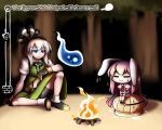  2girls :3 =_= animal_ears bike_shorts blue_eyes campfire chibi english_text eyebrows_visible_through_hair fingerless_gloves gloves kashuu_(b-q) konpaku_youmu konpaku_youmu_(ghost) long_hair midriff multiple_girls navel necktie night purple_hair rabbit_ears reisen_udongein_inaba short_hair skirt suspenders sweatdrop touhou tree white_hair 