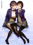  2girls absurdres bangs black_hair black_legwear blazer blue_jacket character_request face-to-face feet glasses hair_behind_ear highres hug jacket long_hair looking_at_viewer miru_tights moegi_homi multiple_girls nanase_meruchi no_shoes pantyhose school_uniform serafuku short_hair skirt sweater sweater_vest thigh-highs yuri 