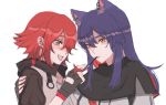  2girls animal_ear_fluff animal_ears arknights arm_around_shoulder black_capelet black_gloves blue_hair capelet chinese_commentary earrings english_commentary exusiai_(arknights) fingerless_gloves food gloves hair_between_eyes hug jacket jewelry kotori_(b-i-r-d) long_hair mixed-language_commentary mouth_hold multiple_girls open_mouth orange_eyes pocky redhead short_hair simple_background smile texas_(arknights) tongue tongue_out upper_body white_background white_jacket wolf_ears yuri 