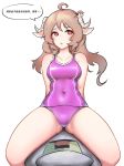  1girl absurdres animal_ears arknights bingbingzi blush brown_hair chinese_text competition_swimsuit covered_navel eyjafjalla_(arknights) highres horns long_hair one-piece_swimsuit red_eyes sitting solo swimsuit translation_request 