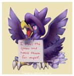  bird bird_focus claws claymation-nightmares commentary creature english_commentary english_text full_body gen_2_pokemon highres murkrow no_humans pet_shaming pink_eyes pokemon pokemon_(creature) simple_background solo spoon tumblr_username watermark web_address yellow_background 