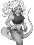  1girl alternate_costume android_21 belt black_sclera bracelet breasts closed_mouth dragon_ball dragon_ball_fighterz greyscale jewelry kemachiku long_hair looking_at_viewer majin_android_21 medium_breasts midriff monochrome navel pants red_eyes simple_background solo tail tank_top white_background 