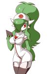  absurdres breasts clipboard collarbone cosplay curly_hair english_commentary gardevoir garter_belt gen_3_pokemon green_hair high_ponytail highres holding holding_clipboard long_hair nurse open_mouth pokemon red_eyes simple_background solo thigh-highs touko_(pokemon) touko_(pokemon)_(cosplay) zanatemx 