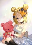  1girl abigail_williams_(fate/grand_order) bandaid_on_forehead bangs black_bow blonde_hair blue_eyes bow breasts bug butterfly crossed_bandaids double_bun dress fate/grand_order fate_(series) forehead hair_bow insect light_rays lincgart long_hair multiple_bows orange_bow parted_bangs parted_lips polka_dot polka_dot_bow sidelocks sitting small_breasts solo stuffed_animal stuffed_toy teddy_bear white_dress 