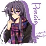  1girl alternate_costume black_shirt casual character_name commentary_request dated eyebrows_visible_through_hair hair_between_eyes highres long_hair long_sleeves lyrical_nanoha mahou_shoujo_lyrical_nanoha precia_testarossa purple_hair san-pon scarf shirt solo sweatdrop twitter_username upper_body violet_eyes white_background 