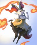  braixen brown_eyes commentary creature english_commentary fire full_body gen_6_pokemon highres holding holding_stick looking_at_viewer no_humans pinkgermy pokemon pokemon_(creature) signature simple_background smile solo stick white_background 
