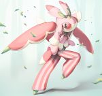  commentary creature english_commentary full_body gen_7_pokemon leaf lurantis no_humans pinkgermy pokemon pokemon_(creature) red_eyes shadow signature simple_background solo standing standing_on_one_leg white_background wind 