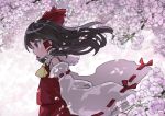  1girl ascot black_hair blurry blurry_foreground bow branch brown_eyes cherry_blossoms commentary_request depth_of_field detached_sleeves floating_hair flower frilled_shirt_collar frills from_side hair_bow hair_tubes hakurei_reimu highres kibisake long_hair long_sleeves looking_away petals profile purple_flower red_bow red_shirt red_skirt ribbon-trimmed_sleeves ribbon_trim sarashi shirt skirt sleeveless sleeveless_shirt solo touhou tree_branch upper_body white_sleeves wide_sleeves wind yellow_neckwear 