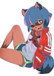  1girl animal_ears blue_eyes blue_hair blue_shorts brand_new_animal fang furry highres imori_(lizzy) jacket kagemori_michiru knee_up one_eye_closed open_mouth raccoon_ears raccoon_tail red_jacket shirt short_hair short_shorts shorts simple_background sitting smile solo tail thighs track_jacket v white_background white_shirt 