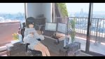  1girl :3 balcony black_hair blush brown_eyes building chair city cityscape closed_mouth clouds commentary_request computer computer_tower cup desk drawing_tablet electric_fan fan file_cabinet foliage glass_door headphones headphones_removed holding holding_pen hood hood_down hoodie indoors izumi_sai keyboard_(computer) laundry_pole legs letterboxed long_sleeves looking_at_viewer monitor mountainous_horizon no_pants office_chair original paper paper_stack pen plant potted_plant railing scenery short_hair sitting sky skyscraper sleeves_past_wrists smile solo white_hoodie window 