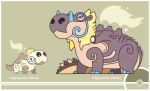  brown_background character_name claws commentary cosmopoliturtle creature english_commentary full_body gen_4_pokemon hippopotamus hippopotas hippopotas_(male) hippowdon hippowdon_(male) no_humans pokemon pokemon_(creature) redesign simple_background smoke standing 