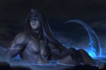  1boy black_hair blue_eyes blue_hair collarbone dripping facial_mark glowing glowing_eyes glowing_weapon highres kayn league_of_legends long_hair male_focus multicolored multicolored_hair navel night night_sky nipples nude outdoors parted_lips partially_submerged saturn_(satscarlet) scythe signature sitting sky solo steam tattoo water weapon wet 