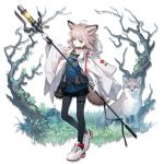  1girl animal animal_ears arknights black_legwear cloak fox fox_ears fox_tail full_body gloves grass holding holding_staff hood hood_down hooded_cloak light_brown_hair official_art pantyhose pouch red_cross sho_(sho_lwlw) shoes sneakers staff tail transparent_background tree 