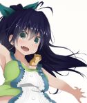  1girl animal_on_shoulder antenna_hair armpits bangs bare_arms black_hair blue_eyes blush breasts commentary_request earrings fang ganaha_hibiki green_ribbon hair_between_eyes hair_ribbon hamster hoop_earrings idolmaster jewelry long_hair looking_at_viewer medium_breasts not_on_shana open_mouth outstretched_arms ponytail ribbon solo upper_body 