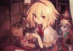  1girl absurdres alice_margatroid blonde_hair commentary cup hairband highres kaamin_(mariarose753) library looking_at_viewer red_eyes ribbon shanghai_doll tea teapot touhou 