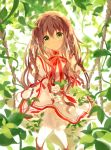  1girl :o ahoge ardbf bangs bow braid brown_hair commentary_request flower green_eyes hair_between_eyes hair_flower hair_ornament hand_on_lap hand_on_leg highres kanbe_kotori leaf looking_at_viewer rewrite rope swing thigh-highs twin_braids white_legwear zettai_ryouiki 