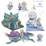  1girl blonde_hair blue_eyes commentary creature eiscue elsa_(frozen) english_commentary frozen_(disney) frozen_2 galarian_darmanitan galarian_form gen_2_pokemon gen_5_pokemon gen_8_pokemon golurk highres multiple_views pokemon_(creature) ponytail signature simple_background standing suicune toxel vanillite white_background 