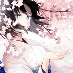  1girl blue_eyes brown_hair commentary_request fate/grand_order fate_(series) hitsuji_kumo japanese_clothes kara_no_kyoukai kimono looking_at_viewer obi outstretched_hand petals pink_kimono ryougi_shiki sash short_hair solo wide_sleeves 