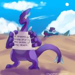  blue_sky claymation-nightmares clouds cloudy_sky commentary day desert english_commentary english_text gen_2_pokemon highres holding lugia outdoors pet_shaming pokemon pokemon_(game) pokemon_xd shadow_lugia sky standing tumblr_username 