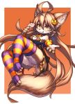  :3 ahoge animal_ears breasts brown_hair candy commentary_request food full_body furry halloween holding holding_food long_hair looking_at_viewer orange_eyes original pawpads simple_background striped striped_legwear tail thigh-highs tongue tongue_out tsuji wolf wolf_ears wolf_girl wolf_tail 