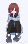  1girl bangs black_legwear blue_eyes blue_sweater blush brown_hair closed_mouth commentary_request crossed_arms eyebrows_behind_hair full_body go-toubun_no_hanayome grey_background grey_footwear hair_over_shoulder headphones headphones_around_neck highres knees_up kujou_karasuma long_hair long_sleeves looking_at_viewer nakano_miku pantyhose parted_bangs shoes signature simple_background sitting sleeves_past_wrists smile sneakers solo sweater 