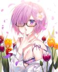  1girl artist_name bangs bare_shoulders blush breasts commentary_request eyebrows_visible_through_hair fate/grand_order fate_(series) finger_to_mouth flower glasses hair_flower hair_ornament hair_over_one_eye highres jacket large_breasts long_sleeves looking_at_viewer mash_kyrielight off-shoulder_jacket open_mouth pink_flower red_flower semi-rimless_eyewear short_hair solo urim_(paintur) violet_eyes white_jacket yellow_flower 