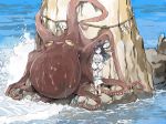  1girl animal blue_eyes blue_hair bound dripping highres ocean octopus original outdoors rock talisman tentacles tied_up tnyk2 water waving wet yellow_eyes 