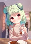  1girl :d bangs blue_bow blue_flower blurry blurry_background blush bow brown_sweater chair chinomaron commentary_request curry curry_rice depth_of_field double_bun eyebrows_visible_through_hair feeding flower food green_hair hair_bow hair_flower hair_ornament head_tilt highres holding holding_spoon hololive incoming_food indoors long_sleeves looking_at_viewer on_chair open_mouth plate red_eyes ribbed_sweater rice sitting sleeves_past_wrists smile solo spoon sweater table upper_body uruha_rushia virtual_youtuber 