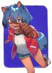  1girl animal_ears arm_up blue_background blue_eyes blue_hair blue_shorts brand_new_animal clenched_hand fang highres imori_(lizzy) jacket kagemori_michiru open_mouth raccoon_ears raccoon_tail red_jacket shirt shoes short_hair short_shorts shorts simple_background smile solo standing standing_on_one_leg tail track_jacket white_footwear white_shirt 