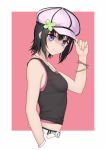  1girl adjusting_clothes adjusting_hat anarchojs bare_shoulders belt black_hair black_tank_top blush boku_wa_tomodachi_ga_sukunai breasts casual clover commentary_request from_side hair_between_eyes hand_up hat highres jewelry medium_hair midriff mikazuki_yozora necklace pink_camisole pink_headwear purple_camisole small_breasts smile solo tank_top upper_body violet_eyes white_belt 