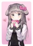  1girl animal_ears bangs black_jacket blush bow box closed_mouth commentary dog_ears english_commentary eyebrows_visible_through_hair gift gift_box grey_eyes grey_hair hair_bow hands_up heart-shaped_box highres holding holding_gift hwanhee jacket long_hair long_sleeves original pink_background pink_bow sleeves_past_wrists smile solo two-tone_background valentine very_long_hair white_background 