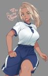  1girl 2020 agawa_ryou artist_name blonde_hair blue_eyes breasts commentary dark_skin dated grey_background gym_uniform large_breasts long_hair looking_down open_mouth original ponytail shorts signature simple_background solo 