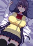  1girl ass_visible_through_thighs bangs black_hair black_legwear blush bow breasts dutch_angle eyebrows_visible_through_hair highres large_breasts long_hair looking_at_viewer lying mokufuu on_back original pillow pleated_skirt red_bow shirt signature skirt solo sweater_vest thigh-highs violet_eyes white_shirt 