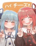  2girls :d absurdres bangs blue_hair blue_ribbon blunt_bangs brown_eyes closed_eyes closed_mouth commentary_request double_v eyebrows_visible_through_hair hair_ribbon highres kotonoha_akane kotonoha_aoi long_sleeves looking_back multiple_girls open_mouth pink_hair red_ribbon ribbon siwasunohige smile translation_request upper_body v voiceroid 