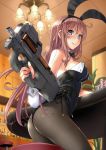  1girl animal_ears bangs black_legwear black_leotard black_neckwear blue_eyes blurry blurry_background bow bowtie breasts brown_hair bullpup bunny_tail bunnysuit casino closed_mouth collar commentary_request depth_of_field detached_collar fake_animal_ears fake_tail from_side gun holding holding_gun holding_weapon indoors katahira_masashi leotard long_sleeves looking_at_viewer looking_back medium_breasts original p90 pantyhose poker_chip poker_table rabbit_ears side-tie_leotard smile solo standing stool strapless strapless_leotard submachine_gun tail weapon white_collar wing_collar wrist_cuffs 