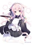  1girl animal_ear_fluff animal_ears apron arms_up artist_name azur_lane black_kimono cat_ears cat_tail commentary_request dango flower food hair_flower hair_ornament highres japanese_clothes kimono kisaragi_(azur_lane) kneeling long_hair maid maid_headdress pantyhose pink_eyes pink_hair ribbon side_ponytail simple_background solo tail tray tsukimi_(xiaohuasan) wagashi white_apron white_background white_legwear 