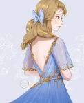  1girl artist_name backless_dress backless_outfit blonde_hair blue_bow blue_dress blush bow brown_eyes clivenzu closed_mouth commentary dress english_commentary from_behind grey_background hair_bow highres long_hair profile see-through_sleeves short_sleeves smile solo 