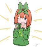  1girl ;d bangs blue_eyes blush cellphone clothes_writing commentary_request cropped_torso drawstring eyebrows_behind_hair go-toubun_no_hanayome green_hoodie green_ribbon hair_ribbon hands_up holding holding_phone hood hood_down hoodie kujou_karasuma nakano_yotsuba one_eye_closed open_mouth orange_hair phone ribbon signature smile solo upper_body white_background 