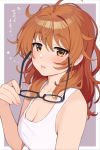  1girl araki_hina brown_eyes brown_hair eyewear_removed fingernails glasses heart heart_in_eye idolmaster idolmaster_cinderella_girls lips long_hair messy_hair omaru_gyuunyuu symbol_in_eye tank_top translated waking_up 