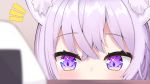  1girl animal_ear_fluff animal_ears bangs blurry blurry_foreground blush brown_background cat_ears commentary_request depth_of_field eyebrows_visible_through_hair food hair_between_eyes highres hololive nekomata_okayu notice_lines onigiri peeking_out purple_hair saisoku_no_yukkuri simple_background solo violet_eyes virtual_youtuber 