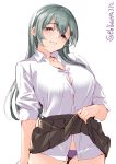  1girl aqua_eyes aqua_hair breasts brown_legwear collared_shirt ebifurya green_eyes hair_ornament hairclip highres kantai_collection large_breasts long_hair looking_at_viewer panties pleated_skirt purple_panties remodel_(kantai_collection) school_uniform shirt simple_background skirt skirt_lift solo suzuya_(kantai_collection) thigh-highs twitter_username underwear white_background white_shirt 