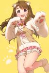  1girl ahoge animal_ear_fluff animal_ears bangs blush brown_hair emu_(emum) eyebrows_visible_through_hair fur-trimmed_shirt fur_trim gloves hands_up idolmaster idolmaster_million_live! long_hair looking_at_viewer miyao_miya neck_bell neck_ribbon open_mouth paw_gloves paw_print_background paw_shoes paws pink_ribbon pink_skirt ribbon shirt shoes simple_background skirt smile solo thick_eyebrows thighs tongue upper_teeth yellow_background 