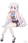  +_+ 1girl artist_name azur_lane bangs bare_arms black_choker black_footwear black_shorts blue_eyes blue_ribbon blush character_name choker closed_mouth commentary double_bun eyebrows_visible_through_hair food full_body hair_bun hair_ribbon highres ice_cream ice_cream_cone icwine le_malin_(azur_lane) licking_lips long_hair mary_janes midriff_peek neck_ribbon revision ribbon shirt shoes short_shorts shorts sidelocks silver_hair simple_background sitting sleeveless sleeveless_shirt smile solo suspender_shorts suspenders tank_top thigh-highs tongue tongue_out white_background white_legwear white_shirt 