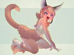 1girl :d bare_shoulders belt blue_eyes boots bow bowtie breasts caracal_(kemono_friends) caracal_ears caracal_tail commentary elbow_gloves eyebrows_visible_through_hair fangs full_body gloves highres kemono_friends kneeling large_breasts mifu_(b24vc1) open_mouth orange_bow orange_gloves orange_hair orange_legwear shirt simple_background skirt smile solo tail thigh-highs two-tone_background white_footwear