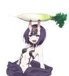 1girl bare_shoulders blush bob_cut commentary_request eyebrows_visible_through_hair fang fate/grand_order fate_(series) headpiece horns not_on_shana oni oni_horns open_mouth purple_hair radish revealing_clothes short_eyebrows shuten_douji_(fate/grand_order) simple_background skin-covered_horns solo thick_eyebrows violet_eyes white_background 