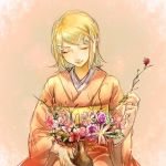  1girl aihara-rina bangs blonde_hair chinese_commentary closed_eyes commentary flower hair_ornament hairclip holding holding_flower japanese_clothes kagamine_rin kimono orange_background orange_kimono pink_flower purple_flower red_flower short_hair smile solo swept_bangs upper_body vase vocaloid 