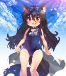  1girl animal_ear_fluff animal_ears black_hair blue_collar blue_sky blush bow child collar day dog_ears dog_tail eyebrows_visible_through_hair fangs hair_between_eyes hair_bow kannagi_cocoa long_hair looking_at_viewer old_school_swimsuit one-piece_swimsuit open_mouth original outdoors red_eyes school_swimsuit sky small_breasts smile solo swimsuit tail toba_hiyoko 